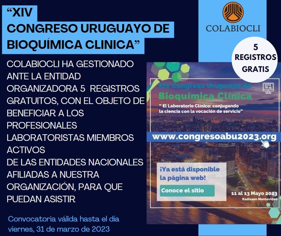 Convocatoria a XIV Congreso Uruguayo de Bioquímica Clínica con Registro Gratuito