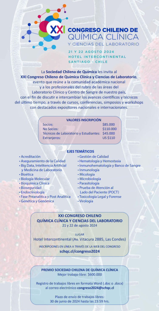 Programa, precios, ejes temáticos y premios del XXI Congreso Chileno de Química Clínica y Ciencias del Laboratorio 2024