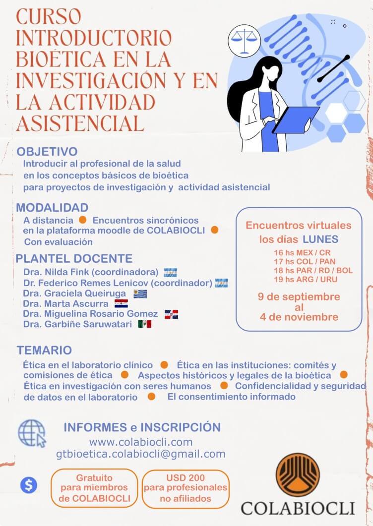 Curso Introductorio de Bioética en Investigación y Actividad Asistencial por COLABIOCLI 2024