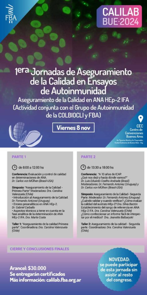 Flyer de la Primera Jornada de Aseguramiento de la Calidad en Ensayos de Autoinmunidad ANA HEp-2 IFA por GTAC y FBA en 2024"